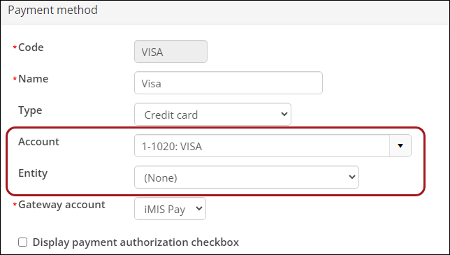 Viewing the Account and Entity for a Payment method, where the Entity field is empty.